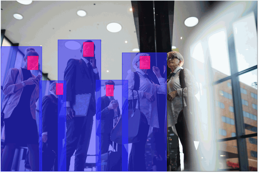 people within a building annotated for counting and facial recognition