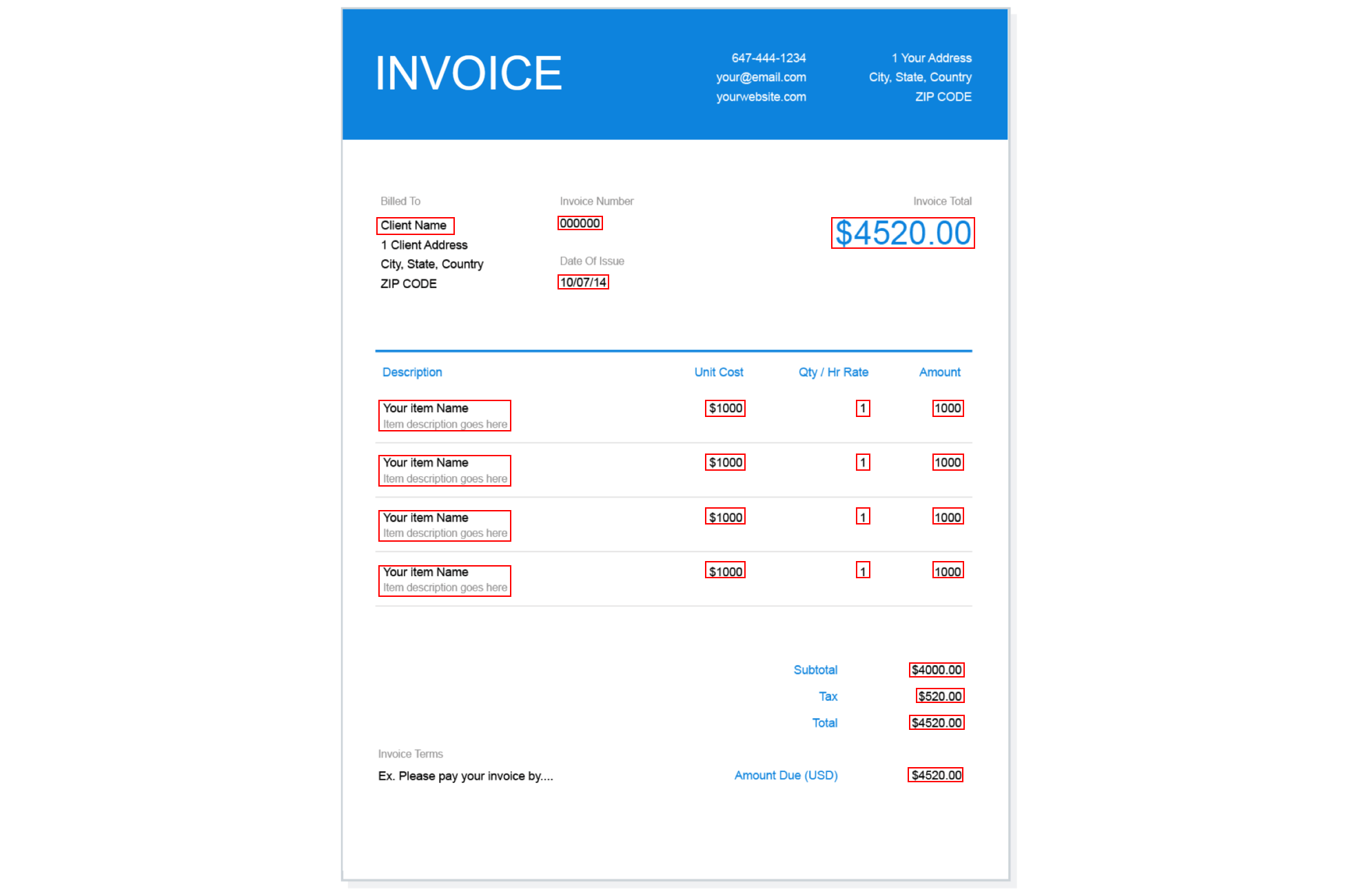 invoice with key values annotaed for NLP model training
